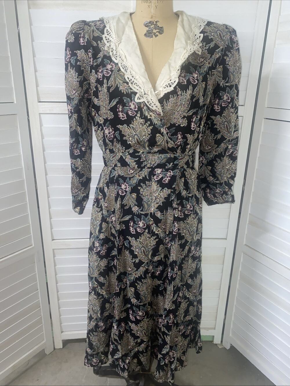 Vintage 80s Floral Rayon Prairie Cottagecore Dress Fit N Flare Sz Large 14P